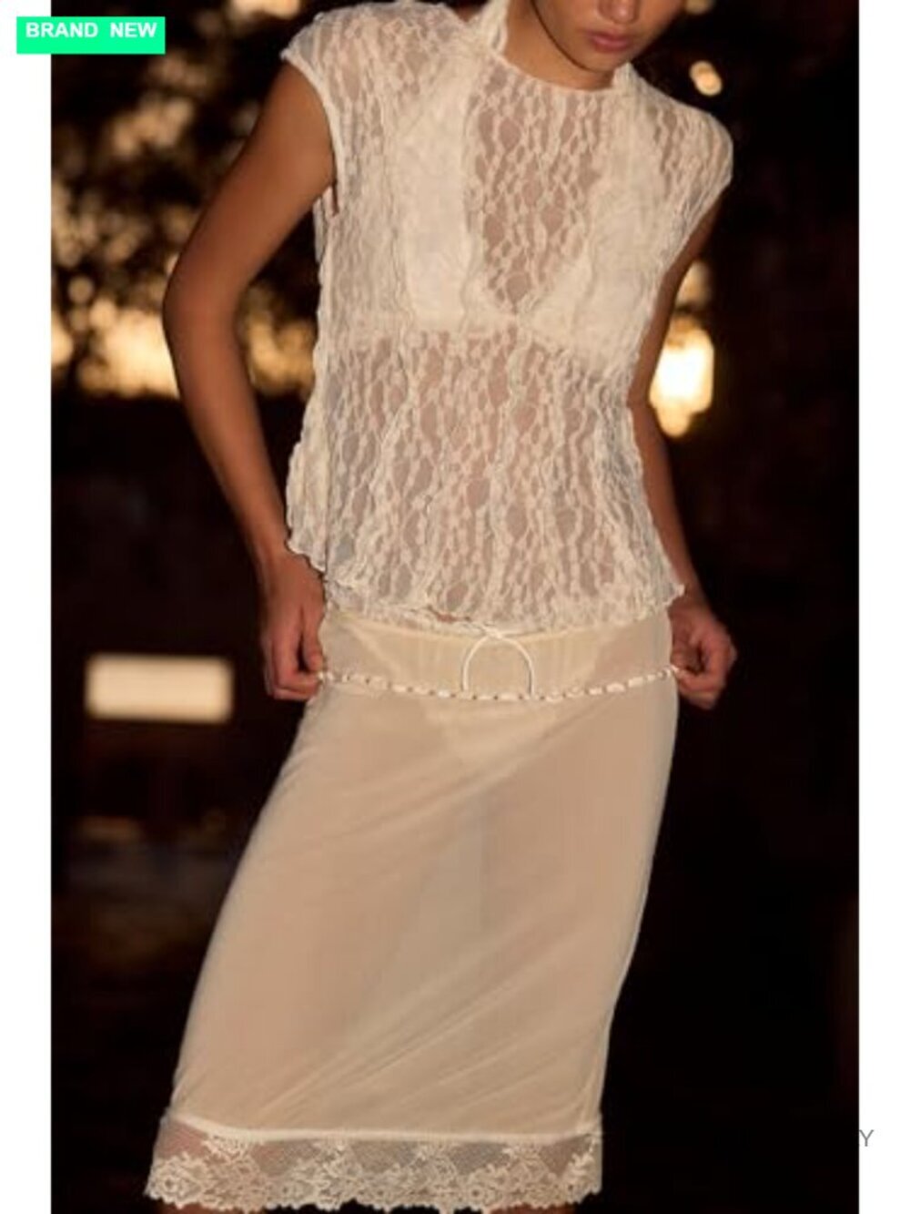 Mesh Lace Sleeveless Crop Tank Top Sheer Pleated Summer - Picture 2 of 5